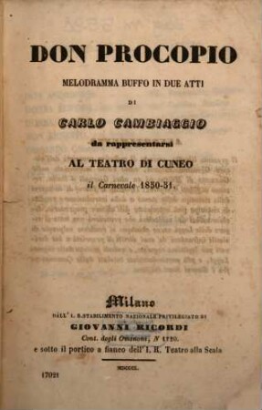 Don Procopio : melodramma buffo in due atti ; da rappresentarsi al Teatro di Cuneo il carnevale 1850 - 51