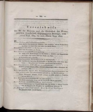 Verzeichniss der für das Museum und die Bibliothek der Wetterauischen Gesellschaft eingegangenen Beiträge, vom 11ten Sept. 1809 bis zum 28sten Sept. 1810.