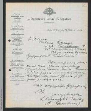 Brief vom L. Oehmigke's Verlag an Helene Lange