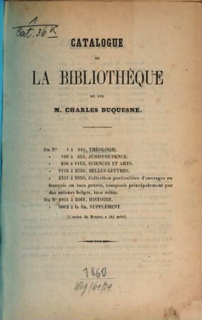 Catalogue de la Bibliothèque de feu Charles Duquesne