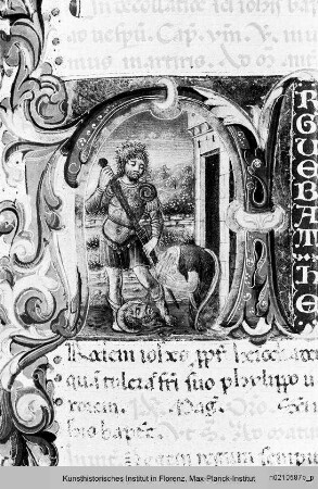 Missale Romanum : Buchseite mit Randbordüre Text und historisierter Initiale A: Johannes der Täufer wird enthauptet
