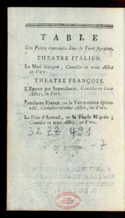 Table Des Piéces contenuës dans le Tome septiéme.