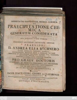 Dissertatio Inavgvralis Medico-Chemica De Praecipitatione Chemica Generatim Considerata