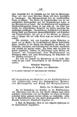 Auszahlung der Gehälter an die Volksschullehrer und -lehrerinnen sowie der Ruhegehälter, Witwen- und Waisengelder aus Anlaß des Kriegszustandes : [E. Öffentliches Volksschulwesen]