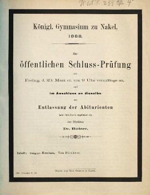 Zur öffentlichen Schluss-Prüfung ... ladet hierdurch ergebenst ein. 1887/88