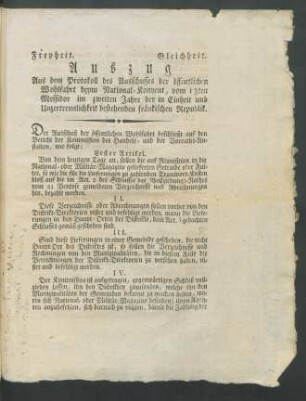 Auszug Aus dem Protokoll des Ausschusses der öffentlichen Wohlfahrt beym National-Konvent, vom 13ten Messidor im zweiten Jahre ...
