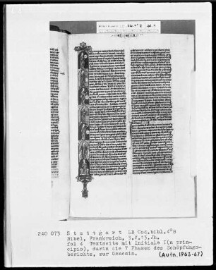 Lateinische Taschenbibel — Initiale I (n principio), darin die sieben Phasen des Schöpfungsberichts, Folio 4recto