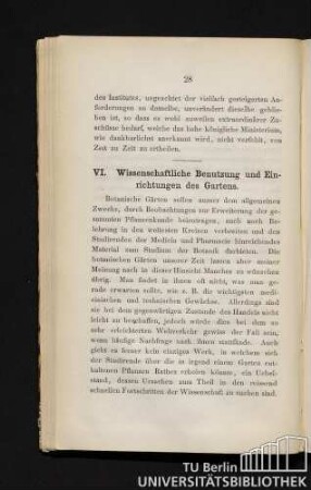 VI. Wissenschaftliche Benutzung und Einrichtungen des Gartens.