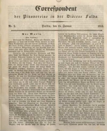Nr. 2. Fulda, den 15. Januar 1852.