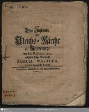 Von Dem Zustande Der Ulrichs-Kirche zu Magdeburg, vor der Reformation