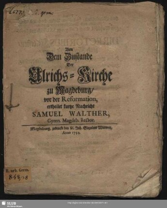 Von Dem Zustande Der Ulrichs-Kirche zu Magdeburg, vor der Reformation