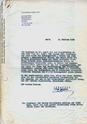 Brief von CCC an Schauspieler-Agenturen, 08.02.1955
