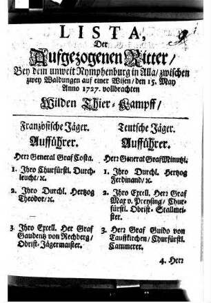Lista, Der Aufgezogenen Ritter, Bey dem unweit Nymphenburg in Alla, zwischen zwey Waldungen auf einer Wisen, den 15. May Anno 1727. vollbrachten Wilden Thier-Kampff