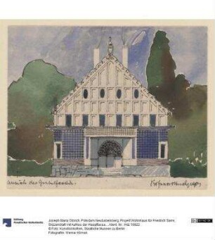 Potsdam Neubabelsberg, Projekt Wohnhaus für Friedrich Sarre, Skizzenblatt mit Aufriss der Hauptfassade