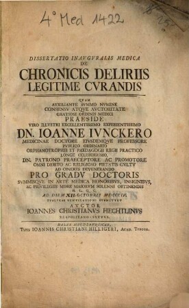 Dissertatio inauguralis medica de Chronicis deliriis legitime curandis