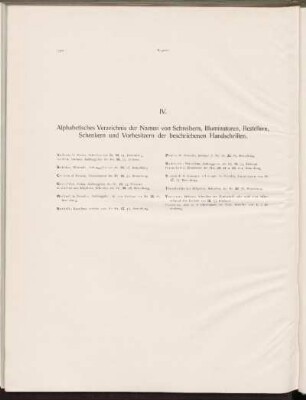 IV. Alphabetisches Verzeichnis der Namen von Schreibern, Illuminatoren, Bestellern, Schenkern und Vorbesitzern der beschriebenen Handschriften.