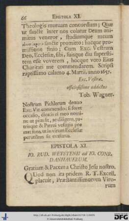 XI. Io. Rud. Wetstenii ad Io. Conr. Danhauerum - XII. Jo. Rod. Wetstenii ad D. Jo. Conr. Danhauerum.