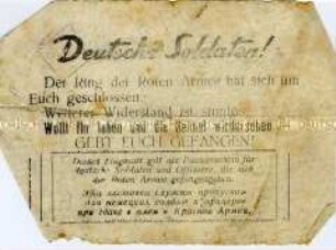 Sowjetisches Abwurf-Flugblatt mit der Aufforderung zur Kapitulation (mit Passierschein)
