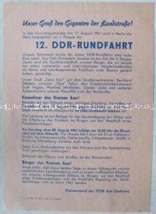 Flugblatt mit dem Aufruf zur Begrüßung der Teilnehmer der DDR-Radrundfahrt im Kreis Aue