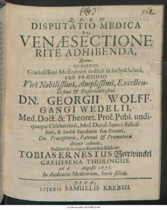 Disputatio Medica De Venaesectione Rite Adhibenda