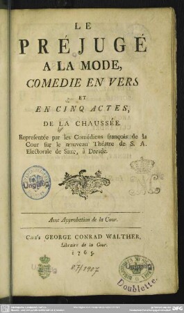 Le Préjugé A La Mode : Comedie En Vers Et En Cinq Actes