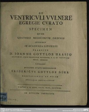 De Ventriculi Vulnere Egregie Curato Specimen