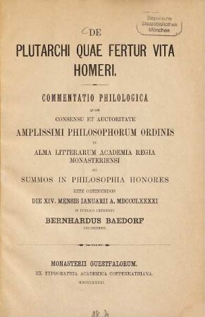 De Plutarchi quae fertur vita Homeri