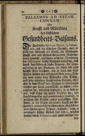 Balsamus Ad Vitam Longam: oder Krafft und Würckung des köstlichen Gesundheits- Balsams.