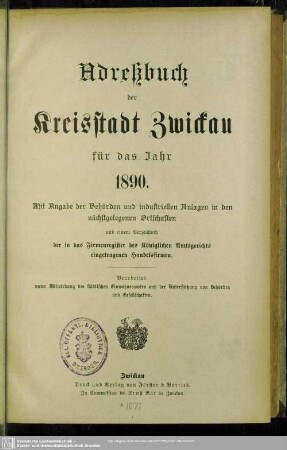 1890: Adreßbuch der Kreisstadt Zwickau