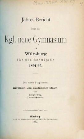 Jahres-Bericht über das K. Neue Gymnasium zu Würzburg. 1894/95