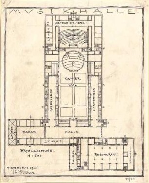 Fischer, Theodor; München, Alter Botanischer Garten; Musikhaus und Kunstgebäude - Musikhalle (Grundriss EG)