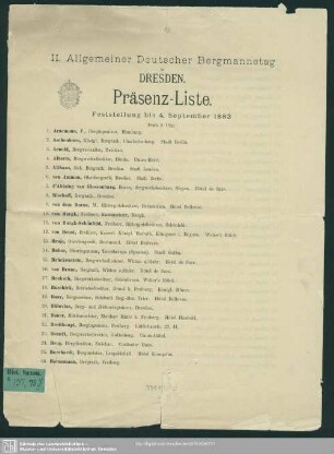 II. Allgemeiner Deutscher Bergmannstag in Dresden : Präsenz-Liste; Feststellung bis 4. September 1883