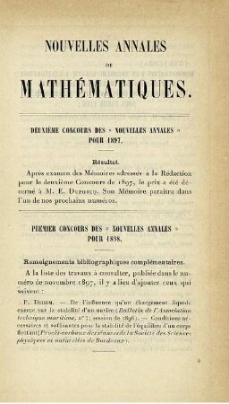 Deuxième Concours des "Nouvelles Annales" Pour 1897.