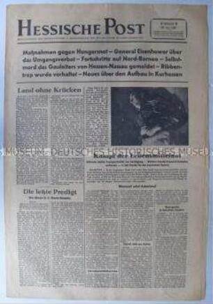 Nachrichtenblatt der US-Armee "Hessische Post" u.a. zur Ernährungslage und zur juristischen Aufarbeitung der Kriegsverbrechen