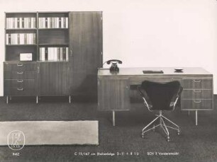 "BMZ"-Schreibtisch "SCH 3" und Schrankkombination "C 11/167" + "R 1 U" der Möbelfabrik Erwin Behr