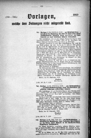 Anlage: (741-744.), Vorlagen, welche den Zeitungen nicht mitgeteilt sind, 4. Oktober 1919