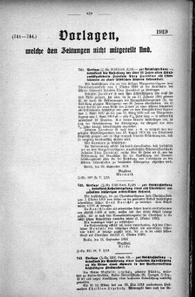 Anlage: (741-744.), Vorlagen, welche den Zeitungen nicht mitgeteilt sind, 4. Oktober 1919