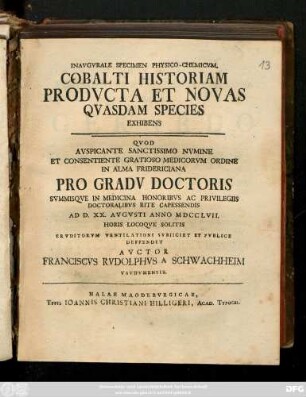Inavgvrale Specimen Physico-Chemicvm, Cobalti Historiam Prodvcta Et Novas Qvasdam Species Exhibens
