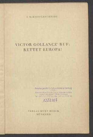 Victor Gollancz' Ruf: Rettet Europa!