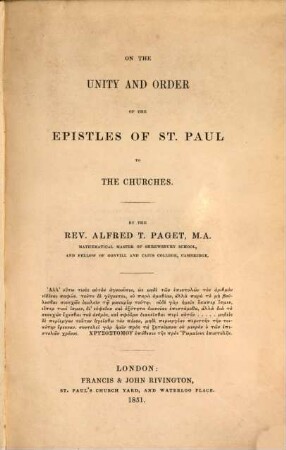 On the Unity and Order of the Epistles of St. Paul to the Churches