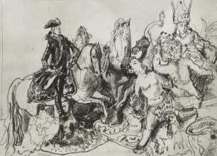 Pferdegruppe von Acier: Kaiserin Elisabeth von Rußland zu Pferde von Kändler, Meißen 1742 : Hassebrauk, Ernst: Pferdegruppe von Acier: Kaiserin Elisabeth von Rußland zu Pferde von Kändler, Meißen 1742. (Positivvorlage: SLUB, Nachlass, Hassebrauk, Ernst. Mscr.Dresd.App.2534,1053)
