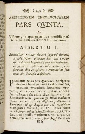 Assertionum Theologicarum pars quinta. De Visione, in qua præcipue consistit possessio finis ultimi actuum humanorum.