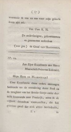 No. 12. Aan Zijne Excellentie den Heere Maarschalk Prins van Eckmuhl