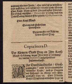 G3v-H1r, Copia litera D. Der kleinern Stadt Prag an Ihre Kayß. Mayst. Erklärung...