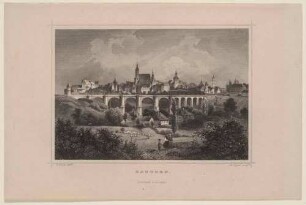 Stadtansicht von Bautzen in Ostsachsen, Ansicht von Süden mit Eisenbahnbrücke, aus Rohbocks und Koehlers Königreich Sachsen, Thüringen und Anhalt