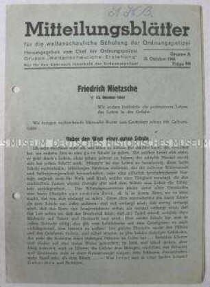 Mitteilungsblatt "für die weltanschauliche Schulung der Ordnungspolizei" zum 100. Geburtstag von Friedrich Nietzsche