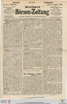 Vom Heidelberger Jubelfest. In: Berliner Börsenzeitung, Nr. 358, Abend-Ausgabe, 04.08.1886, S. [1]
