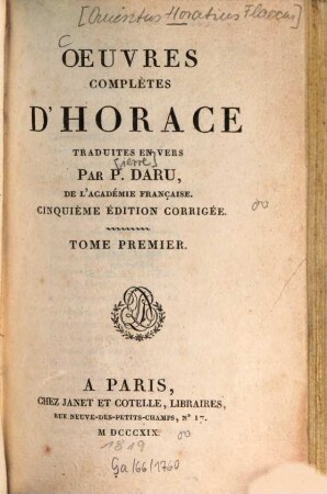 Oeuvres complètes d'Horace, 1. [Odes]