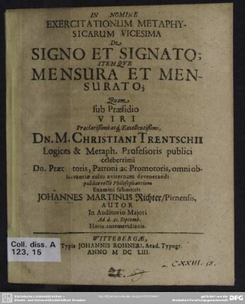 Exercitationum metaphysicarum vicesima ... De signo et signato itemque mensura et mensurato