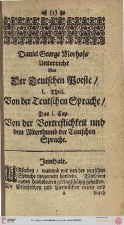 I. Theil. Von der Teutschen Sprache. Das I. Cap.